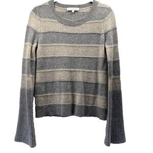 White + Warren Womens Striped 100% Cashmere Sweater Small Cream Gray Bell Sleeve